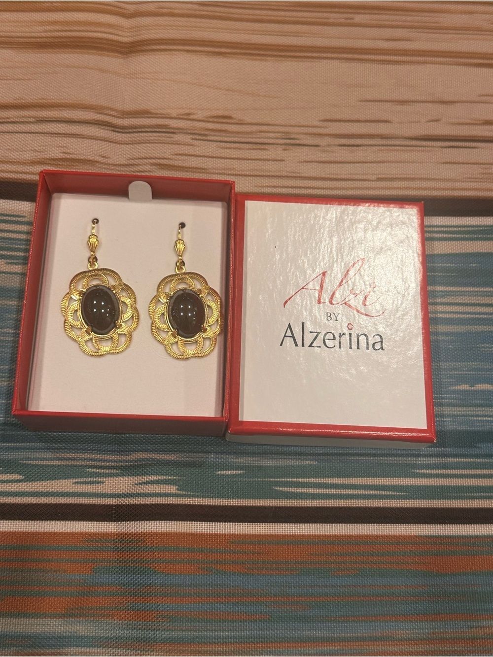 Alzerina Gold Filigree Drop Earrings with Dark Stone Accent